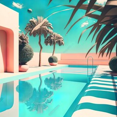 Wall Mural - Swimming pool. Summer vacation concept. 3d rendering on a hot day concept minimal 
graphics reminiscent of a computer game simple trees dressing room house water tropical relaxation Generative AI 