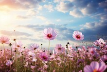 Floral Landscape With Blooming Cosmos Flowers Beneath A Bright Morning Sky Adorned With Fluffy Clouds And Sunlight. Generative AI