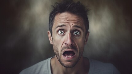 Wall Mural - Portrait of a white male with fear expression against textured background with space for text, AI generated, Background image