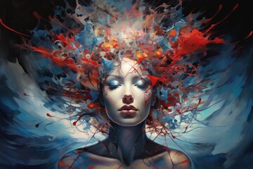 Poster - Beautiful woman with creative make-up and abstract colorful hair, Paradigm of Mind Painting, AI Generated