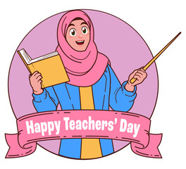 Happy teachers day with Muslim female teacher carrying books