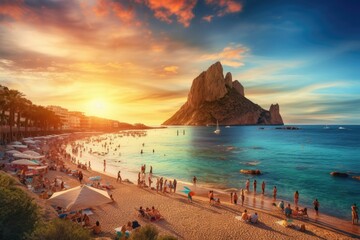 Wall Mural - Beautiful panorama of Calpe beach at sunset, Alicante, Spain, Picturesque view of Cala d'Hort tropical Beach, people hangout in beautiful beach with Es Vedra rock view during, AI Generated