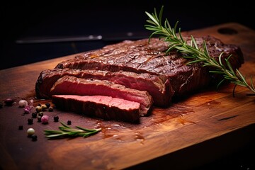 Grilled beef steak with rosemary and peppercorns on wooden board, Piece of rump steak on cutting board, close up, AI Generated