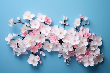 Canvas Print - Cherry blossom branch on blue background, top view, copy space, Pink and white flowers on a blue background, AI Generated