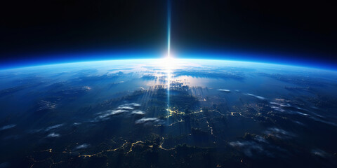 Wall Mural - panoramic view on planet earth globe from space with rising sun. glowing city lights, light clouds. 