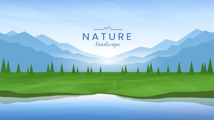 Wall Mural - a picturesque rural landscape. river flowing near a green valley, silhouettes of mountains in the ba