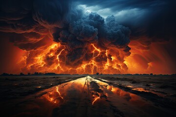 Wall Mural - an orange-yellow-gray sky with clouds, lightning, thunder, and a terrifying storm.by generative ai