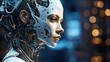 Sztuczna inteligencja z ludzką twarzą. Portret pięknej kobiety androida. 