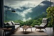 Contemporary living room with scenic nature backdrop, featuring armchair, table, and sofa. Generative AI