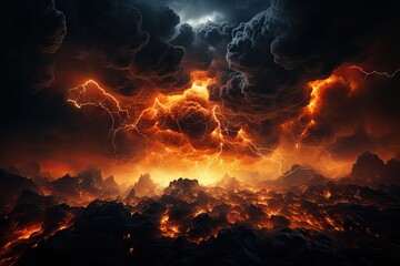 Wall Mural - an orange-yellow-gray sky with clouds, lightning, thunder, and a terrifying storm.by generative ai