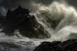 An imposing wave menacing a rugged coast under a gloomy, tempestuous sky. Generative AI