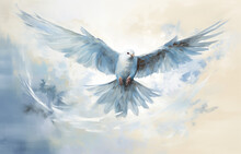 Watercolor Painting Of A White Pigeon Flying In The Blue Sky With Clouds