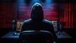 © Amir - shadowy world of hacking with a mesmerizing depiction of an anonymous hacker from the back , hacker doing his work , Generative Ai