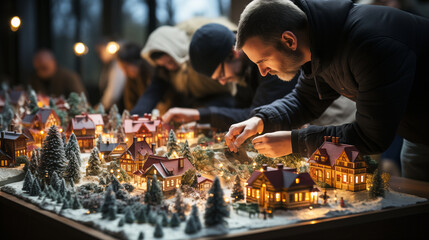 Christmas day, the family Creating a holiday village display