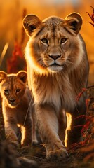 Wall Mural - lion and cub in the savannah