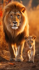 Wall Mural - lion and cub in the savannah