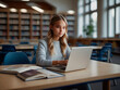 © ismael - Serious young female student sitting at table and using laptop in library.IA generativa