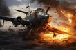 An illustration of a fighter plane crashing after being hit. Fire and smoke billow from the rear of the military aircraft. Generative AI