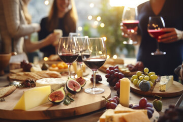 Group of friends having wine tasting party in French restaurant