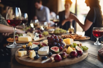 Group of friends having wine tasting party in French restaurant