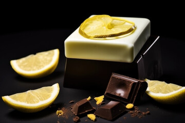 Luxury, fine white and dark chocolate dessert with lemon on a plate close up