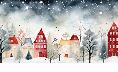 watercolor background with houses in traditional folk style with snowflakes and trees, whimsical cityscapes, danish design, charming character illustrations