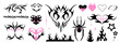 Y2k tattoo. Hearts with fire, butterfly, spider and gothic girly tribal abstract ornaments. Black silhouette. Modern retro stickers. 1990s, 2000s art. Cyber sigilism style, emo gothic vector icons