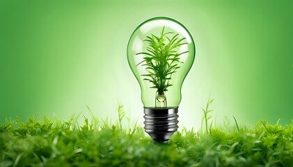 A light bulb with plants and leaves, symbolizing eco-friendliness and sustainability concept. Green innovative idea. Eco energy lightbulb symbol. Renewable clean energy.