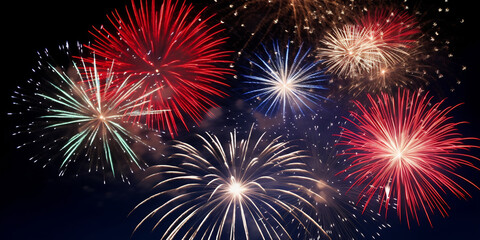 sparkling colorful fireworks exploding in the night sky, festival party celebration holiday backgrou