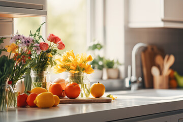 Fresh organically grown citrus fruits and colorful flowers in a glass vase on a cutting board in the kitchen. Bright light from the window. Concept for happy home and happy family health
