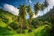 Scenic tropical landscape with lush foliage and tall palm trees. Generative AI