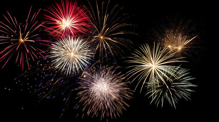 sparkling colorful fireworks exploding in the night sky, festival party celebration holiday backgrou