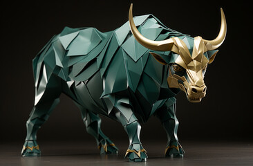 Wall Mural - 3D bull, animal and lowpoly with colour, design and concept for finance, stock market and wall street. Ai generated, wallpaper and pattern with abstract shapes and colours.