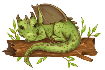 cute green wood Dragon lying on the log hand drawn illustration. symbol of chinese new year 2024 isolated on white background 