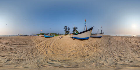 Wall Mural - 360 hdri panorama near old fishing boats in sand on ocean or sea at sunset in equirectangular spherical seamless projection