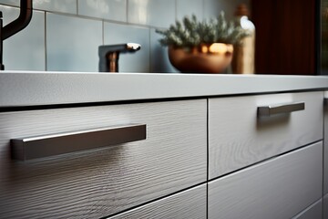 home interior detail design fitting and element closeup kitchen cabinet countertop wooden finishing 