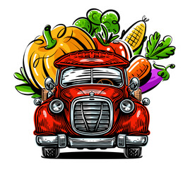 Retro pickup truck and fresh vegetables. Farm fresh organic food, vector illustration