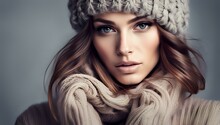 Sensual Young Model Woman Posing In Outdoor Winter Scene. Female Wearing Warm Clothes In Fashion Pose. Autumn Winter Collection.