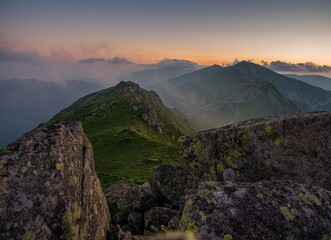 Poster - Mountain Landscape in Colorful Sunset. View from Mount Dumbier and Chopok in Low Tatras, Slovakia. West Tatras Mountains in Background.