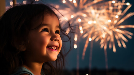 Happy little girl looking at fireworks on New Year's night at the river and the city.