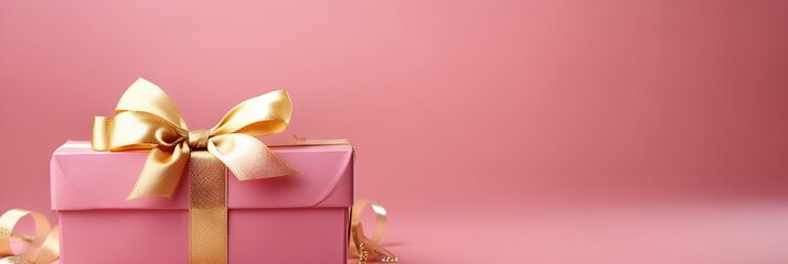 Golden Bliss  a jubilant celebration with a pink gift box   ribbons on a delightful backdrop  Ideal for festive themes  Ample space to convey your message, Generative AI