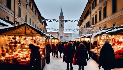 Wall Mural - Shopping, winter holidays and people. Christmas market souvenir shop. Xmas street market.