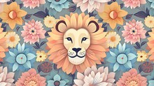 Cute Groovy Background With Lion And Flowers