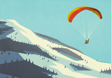 Man Paragliding Over Snowy Winter Mountain
