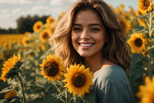 A Young Happy Smiling Woman Opposite Sunflower Field On A Sunny Day. Generative AI.