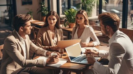 Aufkleber - Young modern people in smart casual wear discussing business while working in the creative, Professional team.