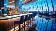 Airport Lounge With Large Window Behind Bar, Brightly Lit, Blue And White Lights, Table And Chairs, Modern Design,