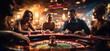 A group of excited people around a roulette table in a casino, the wheel spinning in a blur as they place their bet.