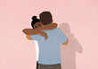 © fStop - Couple hugging, boyfriend comforting girlfriend on pink background