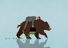 Sleeping Male Investor With Money Spilling From Briefcase Riding Bear Market
